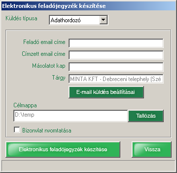 9.10 Elektronikus feladójegyzék készítése A Magyar Posta elektronikus feladójegyzék műszaki specifikációjában foglaltaknak megfelelő állományok is elkészíthetők a szoftverrel (ugyfel.xml, adat.xml).