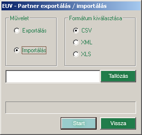 10.3 Partner törzs feltöltése külső adatbázisból A szoftver importálási lehetőséget biztosít a címzett törzs fájlból történő feltöltésére. Az import fájl szerkezet XLS, CSV vagy XML formátumú.