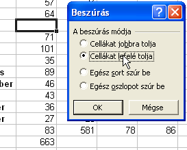 Általános cellakezelés Microsoft Excel XP A végrehajtáshoz: 1. Kattintással jelöljön meg egy cellát. Erre a helyre kapja meg az üres rovatot. 2. Válassza ki a Beszúrás menü Cellák menüpontját. 3.