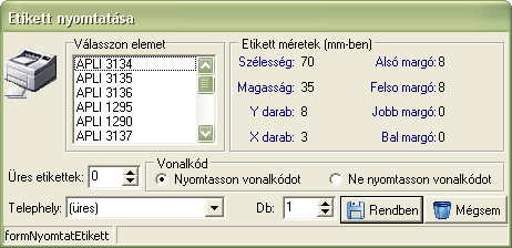 31. ábra Az etikett nyomtatásakor válassza ki a forma típusát, a paraméterek jobb oldalon láthatóak, válassza ki a vonalkód beállításait, valamint adja meg az üres etikettek darabszámát.