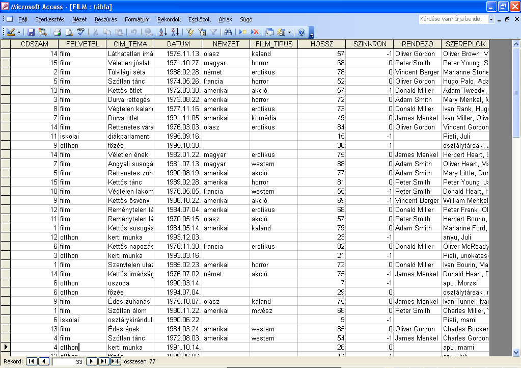 Megjegyzés Atalanta Távoktatási Közpon A gyakorló feladatunkban majd a rekordok (sorok) az adott film jellemzőit tartalmazzák az egyes mezőkben (oszlopokban).