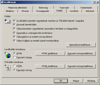Megjegyzés A Küldés fülön adhatjuk meg, milyen formátumban küldjük el leveleinket.