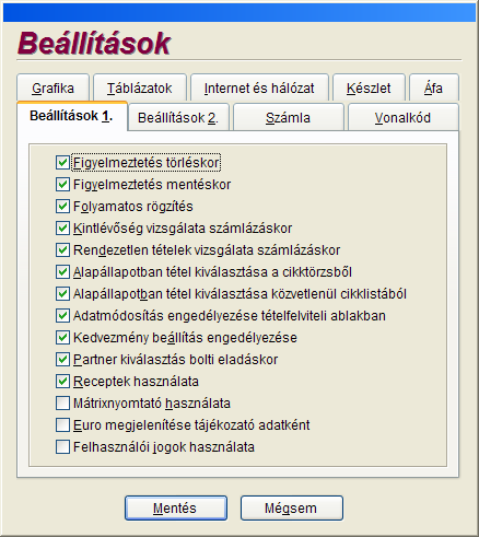 22 Számlázás Partner kiválasztása bolti eladáskor: Ha engedélyezzük ezt a beállítást, akkor nyugtamelléklet készítés során megadható lesz a partner.