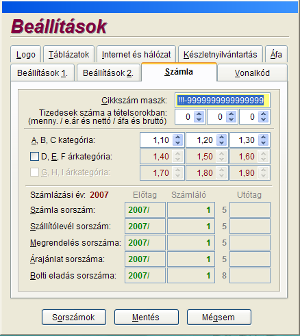 Számlázás 25 20. ábra - Beállítások Számla képernyı VONALKÓD: A cikk kiválasztás és cikktörzs kezelésben található vonalkód mezı kezelése szabható testre ebben az ablakban.