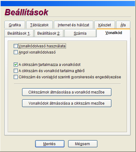 26 Számlázás 21. ábra - Beállítások Vonalkód képernyı GRAFIKA: A bizonylatokon megjeleníthetı logo adható meg és állítható be ebben az ablakban.