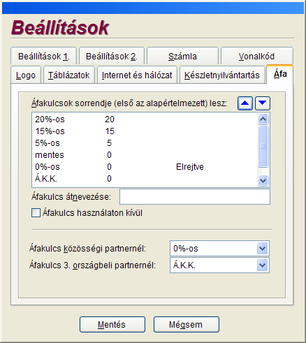 30 Számlázás ÁFA: Az áfakulcsok adatai szabhatók testre ebben a menüpontban.