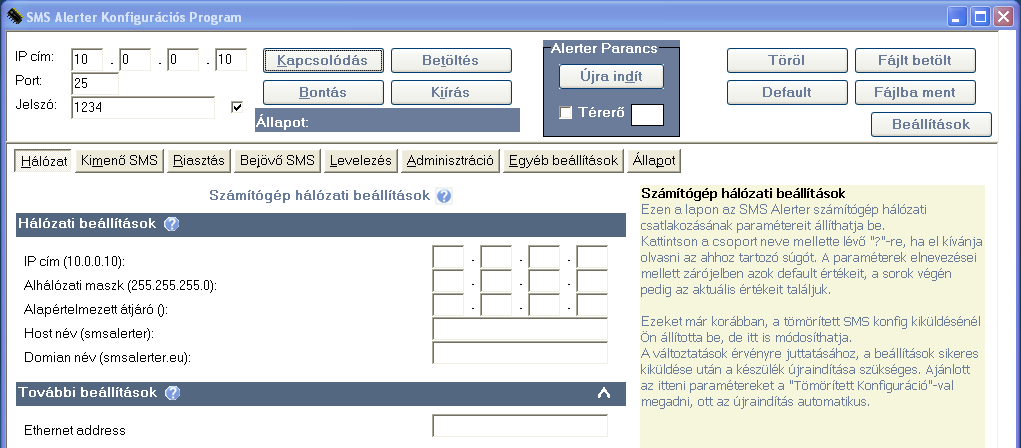 SMS Init 3 konfigurációs program Az SMS Alerter-t és az E-mail SMS Gateway-t számítógép hálózati csatlakozásán keresztül konfigurálhatjuk a legegyszerűbben.