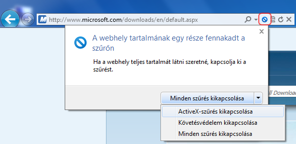 10. ábra: Érvénytelen biztonsági tanúsítvány Amennyiben aktiváltuk az Internet Explorer 9 Követésvédelmi és/vagy ActiveX-szűrési funkcióját, úgy adódhatnak olyan webhelyek, amelyeknek bizonyos részei