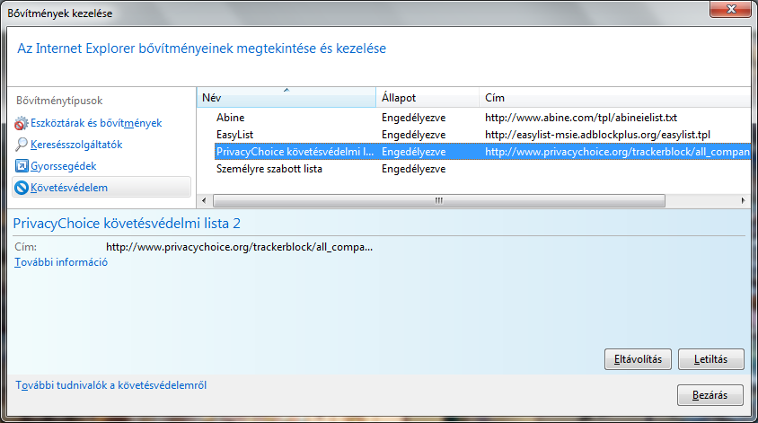 35. ábra: Követésvédelmi listák karbantartása A követésvédelem funkció aktiválása ( Eszközök -> Biztonság -> Követésvédelem menüpont) után az egyes webhelyek letöltése közben az Internet Explorer