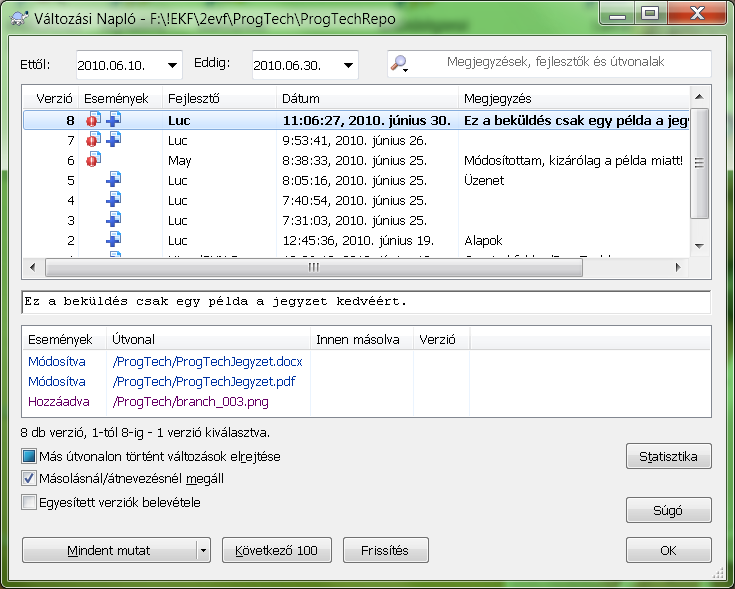 39. ábra Változási lista Példánkat folytatva tételezzük fel, hogy egy hete már fejleszted a saját elágazásod.