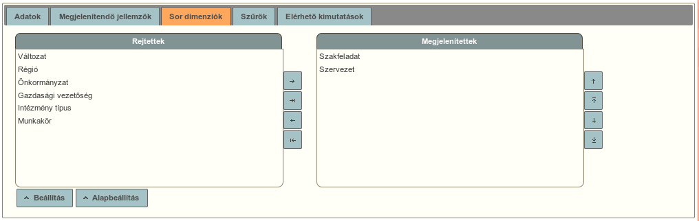 A "Sor dimenziók" fülön azt lehet megadni, hogy az értékelés hierarchiája miként épüljön fel, azaz az egyes sorokban milyen összesítések jelenjenek meg.