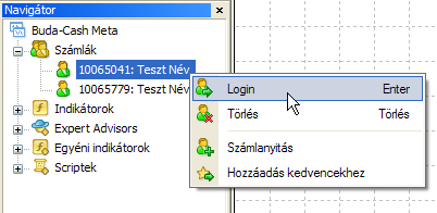 File/Login mezőre kattintson Adja meg a belépéshez szükséges login nevet valamint jelszót o Navigátor ablak/a megfelelő számlán a jobb