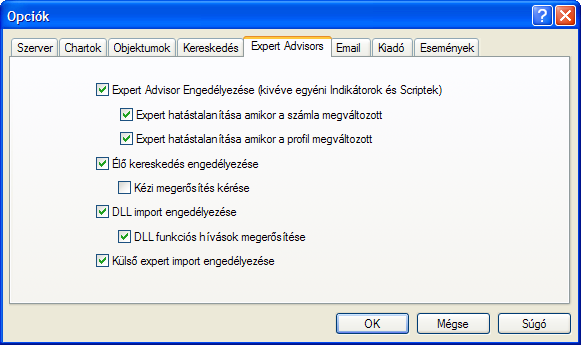(e) Expert Advisors Expert Advisor engedélyezése: Ahhoz, hogy a Buda-Cash MetaTrader programon belül Expert Advisor-okkal dolgozhassunk, engedélyeznünk kell a funkciót.