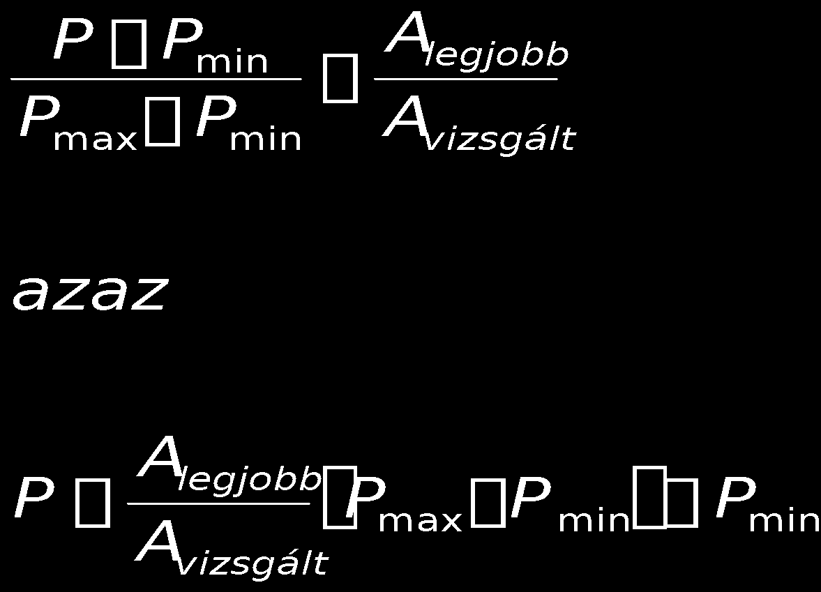 P: a vizsgált ajánlati elem adott szempontra vonatkozó pontszáma P max : a pontskála felső határa P min : a pontskála alsó határa A legjobb : a legelőnyösebb ajánlat tartalmi eleme (legalacsonyabb