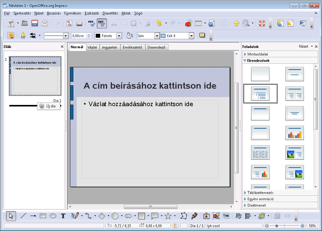 17. ábra: Új dia beszúrása Ennek elrendezését és egyéb tulajdonságait a jobboldali Feladatok közül választhatjuk ki.