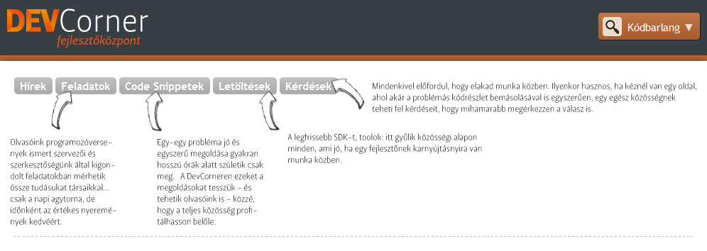 A DevCorner magyar fejlesztő szakembereket, programozókat, valamint tesztelőket, rendszeradminisztrátorokat, UI es EX designereket megszólító szakmai oldal.