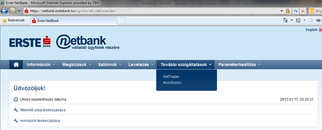 4 Belépés a NetTrader rendszerbe 4.1 ERSTE NetBank elérés A NetTrader rendszer elérése, az Erste NetBank rendszerből lehetséges. Az Erste NetBank a www.erstebank.