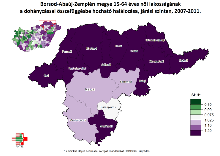 Standardizált halálozási arányszám (SHA) /100 000 fő Nők esetében szintén az országos mutatót meghaladó volt, 2007-től mérsékelten emelkedő tendenciát mutatott, majd stagnált a vizsgált időszakban.