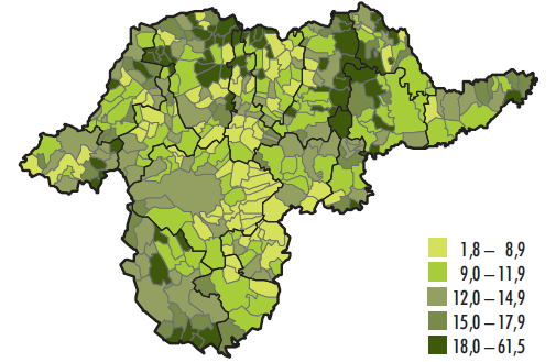 Mivel az időskorúak száma fokozatosan emelkedik, egyre nagyobb a népességen belüli arányuk. 2011. október 1-jén Borsod-Abaúj-Zemplénben a népesség 11 százaléka volt 70 éves és idősebb.