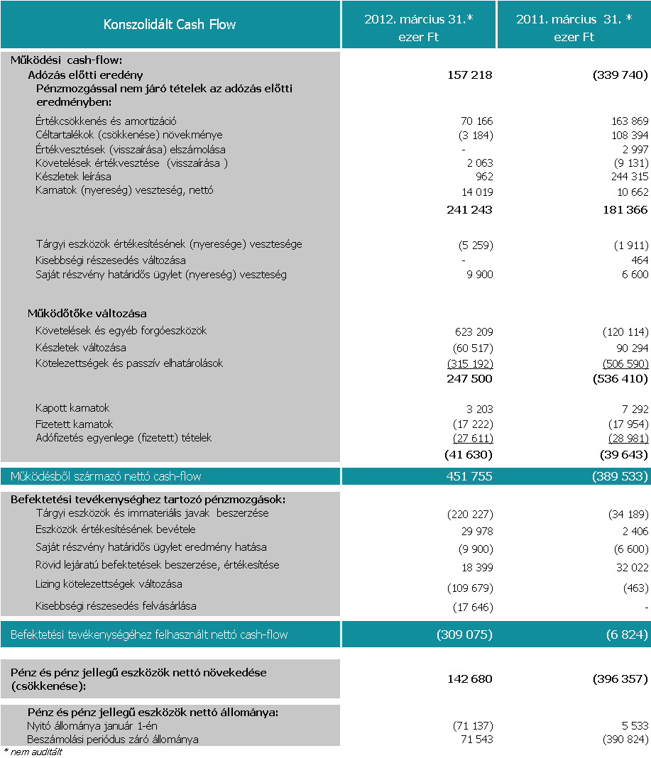 Synergon Csoport Cash-flow A társaság nettó pénzeszköz állománya 2012. március 31-én 72 millió forint volt.