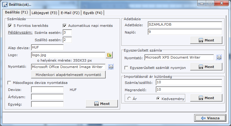 Beállítások: Lehetőségünk van a számlázással kapcsolatos beállításokra, mely segítségével létrehozhatjuk a számla formáját, beállíthatjuk a