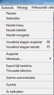 Eszközök A program sok jelentős funkcióját tartalmazza ez a menu, itt végezhetjük a pénztári kifizetéseket, ellenőrizhetjük a készleteket, árajánlatokat készíthetünk, megtekinthetjük
