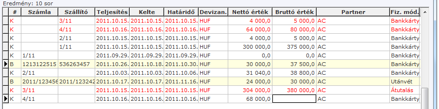 Amint kiválasztottuk a szükséges feltételeket, a program listázza számunkra a megadott kritériumoknak megfelelő tételeket, a következő információkkal, az gomb használata után: Kimenő/bejövő