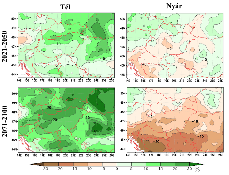 Az 5 mm-nél nagyobb csapadékú napok száma télen várhatóan több lesz térségünkben (2021 2050-re átlagosan 9%-kal, 2071 2100-ra átlagosan 24%-kal), elsősorban az északi régiókban, Magyarországon és