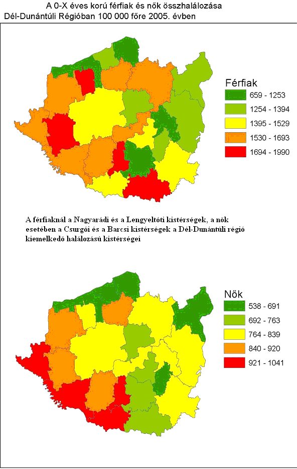 71 A 0-X éves korú férfiak és nők összhalálozása Dél-Dunántúli Régióban 100 000 főre 2005. évben 5. sz.