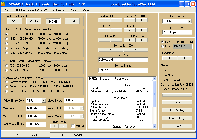 1.1 ábra Az SW-4412 MPEG-4 Encoder Duo Controller szoftver kezelőszervei Az MPEG-4 kódoló egységek beállítandó paramétereit a következő csoportosításban ismertetjük: Bemenőjel forrás választó Nagy