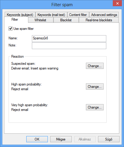 Levélszemét szűrése (Spamfilter) A Spamfilter megnyitható akár a főmenüből, akár a filter ablakon keresztül. A spamszűrőnek egyedi név adható, és annak beállításai exportálhatóak.