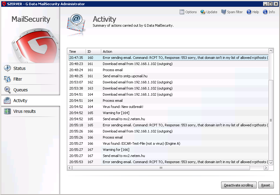 Az aktivitás modulban áttekintés látható a G Data MailSecurity által végrehajtott műveletekről, az idő (time), azonosító (ID) és a művelet (action) megjelölésével.
