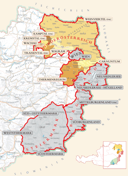 Ausztria borrégiókra és borvidékekre van felosztva. A 4 nagy régió 12 borvidékből áll. A 4 borrégió a következő: Niederösterreich (Alsó-Ausztria), Burgerland, Steiermark és Bécs. (7. ábra) 7.