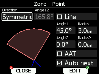 5.1.9 Ellenőrző zónák: Ebben a menüben az ellenőrző zónák alapértelmezett geometriáját lehet meghatározni. Minden ellenőrző zóna két szöggel, két rádiusszal és egy iránnyal határozható meg.