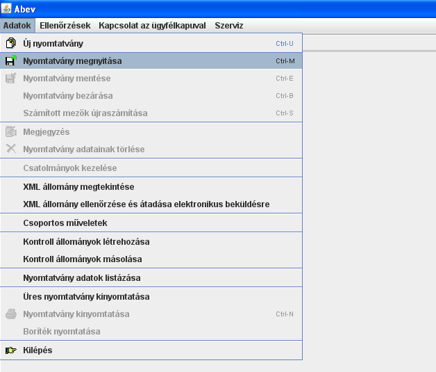 Lista mentése A -s nyomtatvány megnyitása A Rendben gomb megnyomása után az AbevJava programba jut.