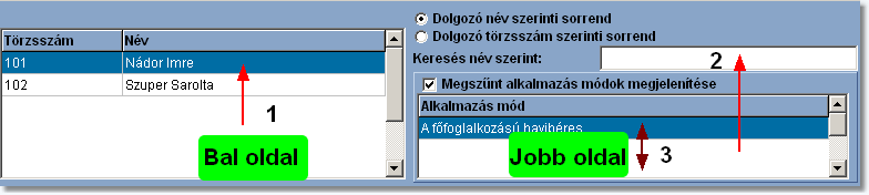 105 Infotéka Bér Az összes feladat amelyet a választófülekkel kiválasztott ablakokban végzünk, mindig arra a dolgozóra vonatkozik, aki az ablak bal oldalán a bal felső sarokban kék háttérben fehér