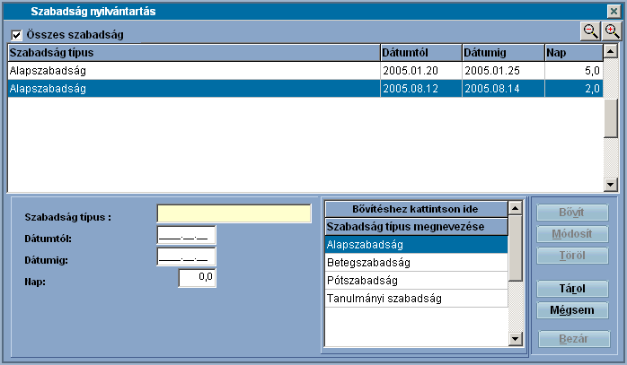 Műveletek 132 Szabadság típus - Ebben a mezőben a Szabadságok menüben beállított szabadságfajtáinkból 'fogyaszthatjuk' el a szabadságnapjainkat.