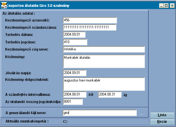 207 Infotéka Bér Kezdeményező azonosító - Ebbe a mezőbe az utalást kezdeményező Társaságnak a bank által meghatározott azonosítóját kell beírni.