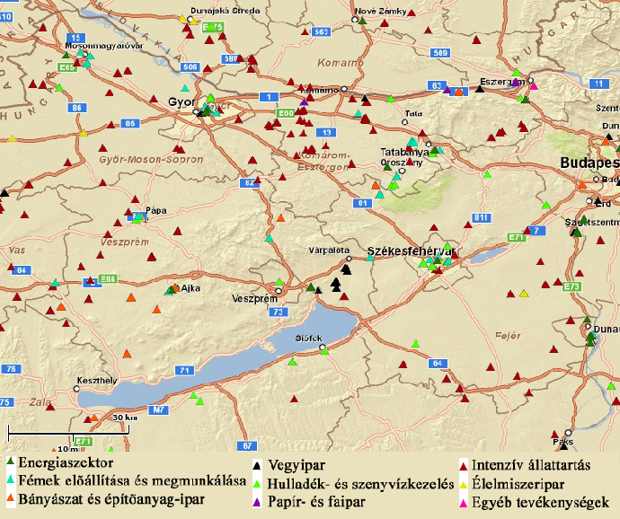 M.31. ábra A Közép-dunántúli régió EPER telephelyei és összkibocsátási mutatói (2004.) Forrás: Ballabás G. (2010.b.) M.