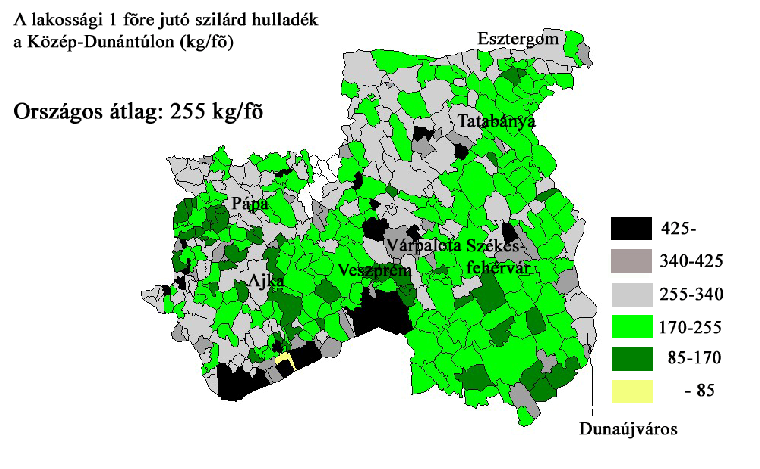 M.40. ábrasor. Az 1főre jutó települési szilárd hulladék, illetve az 1 főre jutó lakossági szilárd hulladék a KözépDunántúlon 2009.