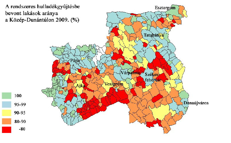 M.42. ábra A rendszeres, vegyes hulladékgyűjtésbe bevont lakások aránya a Közép-Dunántúlon 2009.