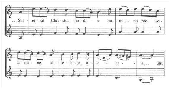III. Késő középkori zenénk 40. ábra - Patai Graduále c) Ugyanennek a technikának és hangközhasználatnak változata: szabad dallamhoz adott, ritmizált két- vagy háromszólamúság.