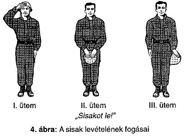 c) Harmadik ütem: bal kézzel tegye a sisakot a test mellé, jobb kezét pedig vigye alapállásba. (4. ábra) 42.