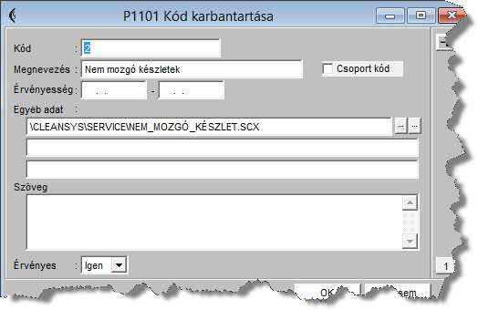 A P1101 Kód karbantartása képernyőn vigyünk fel egy új kódot (Kód mezőn állva F2 billentyűzeten).