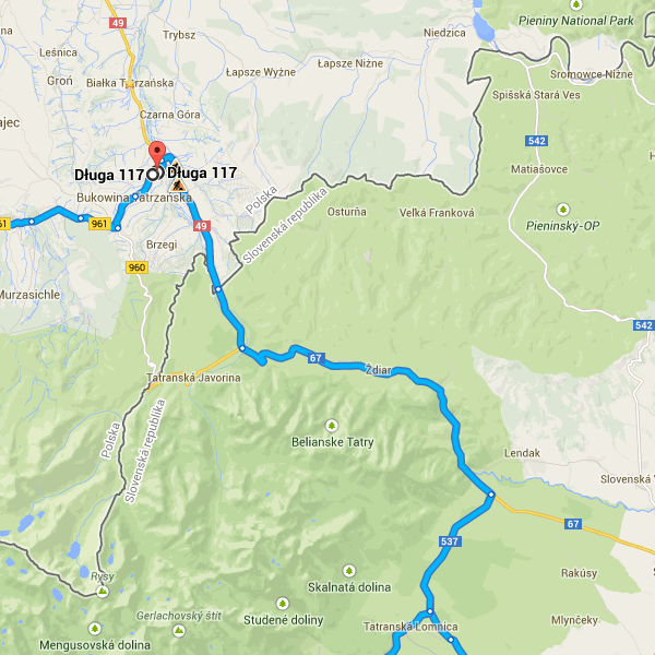 116. Élesen jobbra, a következő útra: 537. út 450 m 117. Tartson balra, hogy ezen menjen tovább: Horný Smokovec/537. út Haladjon tovább itt: 537. út 13,4 km Menjen tovább ezen: 67. út. Térjen erre: DK49 Długa felé itt: Województwo małopolskie, Polska 26,6 km / 25 perc 118.