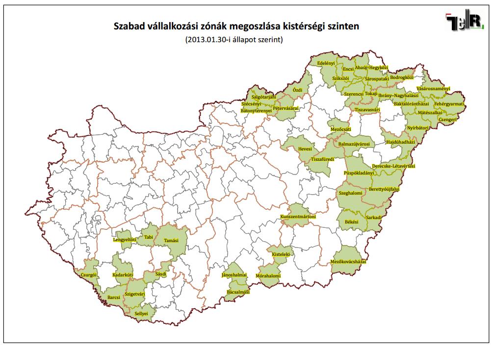 19. ábra: Szabad Vállalkozási Zónák Magyarországon Forrás: TEIR adatbázis A kormányzat kiemelten támogatja ezeket a térségeket, az ott lévő településeket, elsősorban adó- és foglalkoztatást terhelő