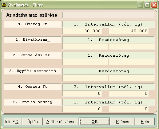 3. Írjuk be az értékeket jelen estben 30000-tıl 40000-ig. Az OK gomb lenyomásával megtörténik a tábla adatainak a leszőrése.