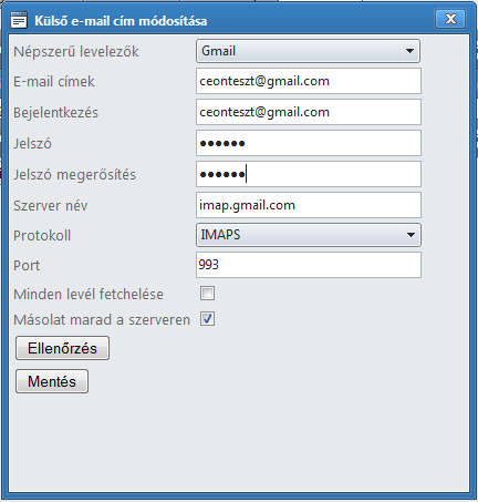 E-mail cím: A külső e-mail cím. Bejelentkezés: A külső e-mail cím felhasználói neve. Jelszó: A külső e-mail cím jelszava. Szerver név: Az e-mail szerver neve. Például: pop.valahol.
