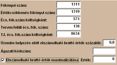 Törzsadatok 38 Főkönyvi szám azt a főkönyvi számlaszámot kell ebbe a mezőbe írni, amelyen nyilván kívánjuk tartani az adott eszközcsoporthoz tartozó eszközt, az üzembe helyezés után.