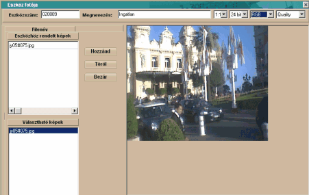 53 Tárgyi Eszköz Eszközhöz rendelt képek a választható képek közül a <Hozzáad> gomb lenyomásával kiválasztott kép, vagy akár több kép fájl-át láthatjuk ebben a képernyőn.